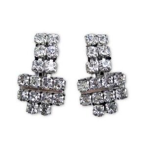Vintage Rhodium Plated Art Deco‎ Clear Rhinestone Sparkling SB Earrings